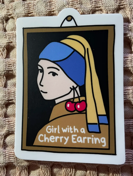Girl With A Cherry Earring Parody  Vinyl Sticker , 2.1" x 3"