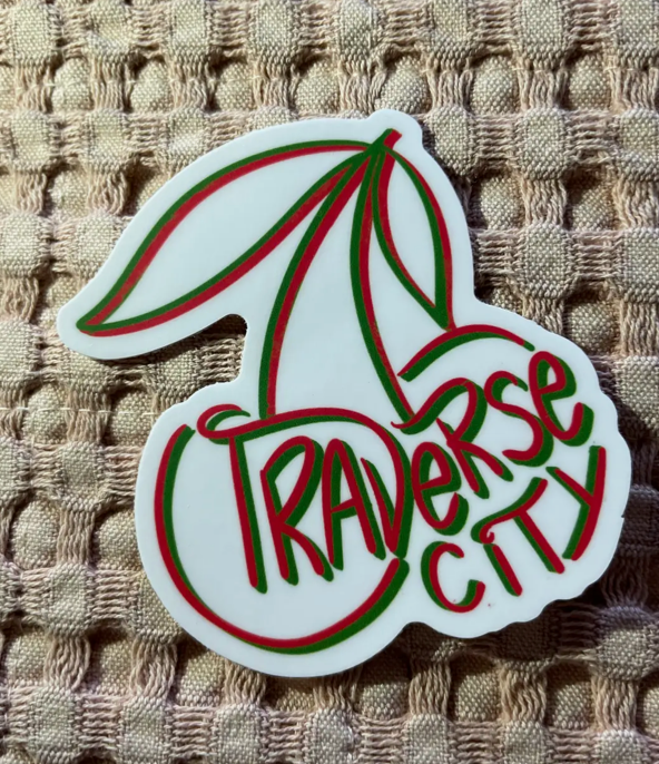 Handdrawn Traverse City Cherry Vinyl Sticker, 3" x 2.9"