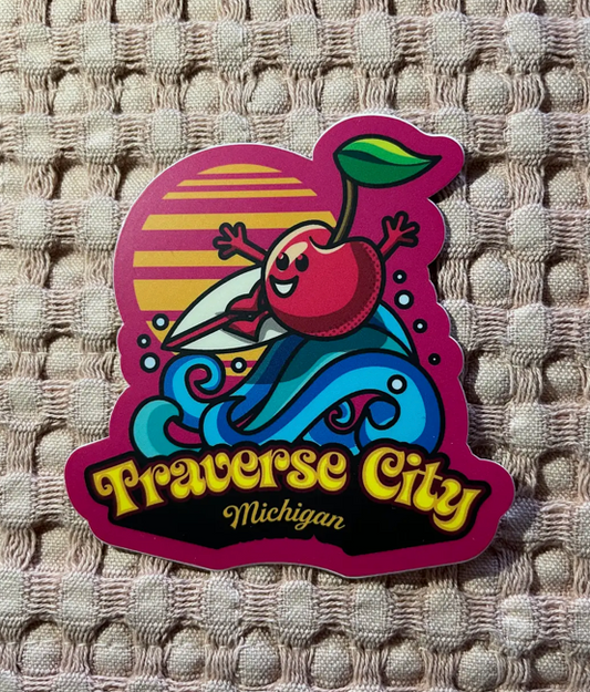 Ride The Cherry Wave / Traverse City Sticker, 2.9" x 3"