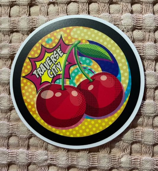 Traverse City Cherry Pop Art Vinyl Sticker 3" x 3"