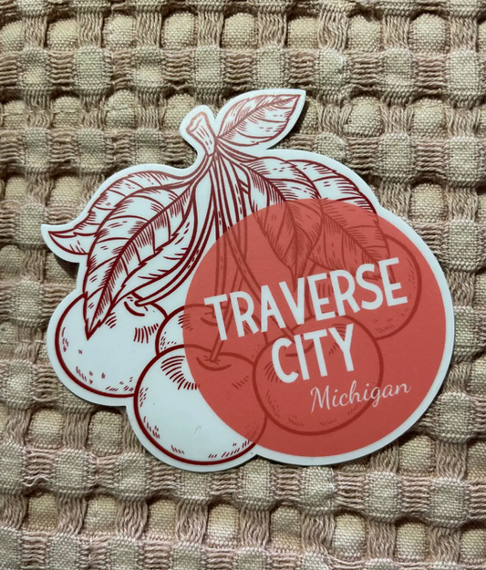 Traverse City W/ Cherry Vinyl Sticker, 3" x 2.9"