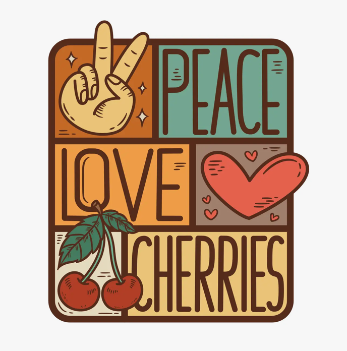 Peace, Love, Cherries Vinyl Sticker, 2.6" x 3"