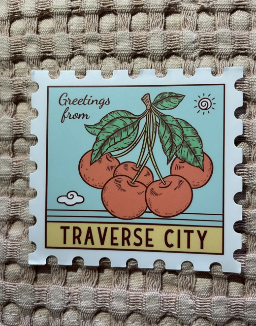 Greetings From Traverse City Sticker, 2.8" x 3"