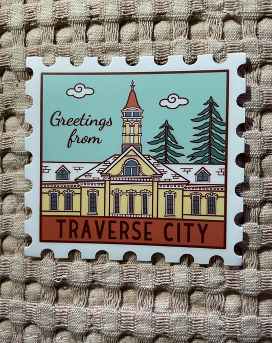 Greetings From Traverse City Sticker, 2.8" x 3"